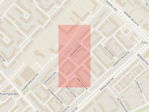Karta som med röd fyrkant ramar in Löpargatan, Uppsala, Uppsala län