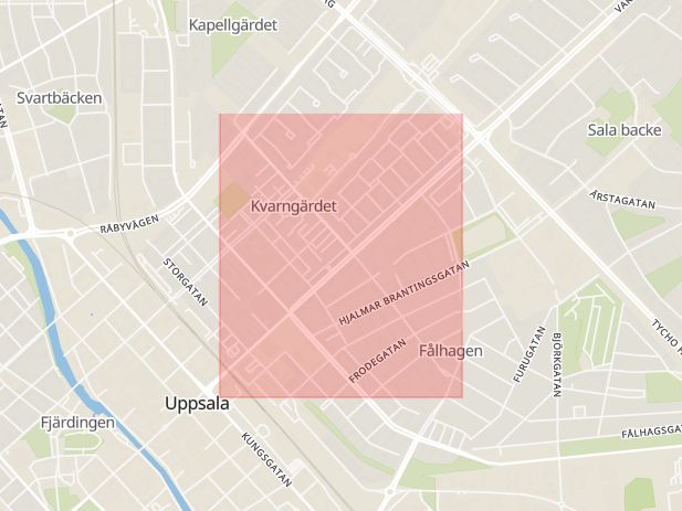 Karta som med röd fyrkant ramar in Torkelsgatan, Uppsala, Uppsala län