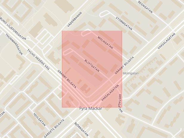 Karta som med röd fyrkant ramar in Blixtgatan, Gränby, Uppsala, Uppsala län