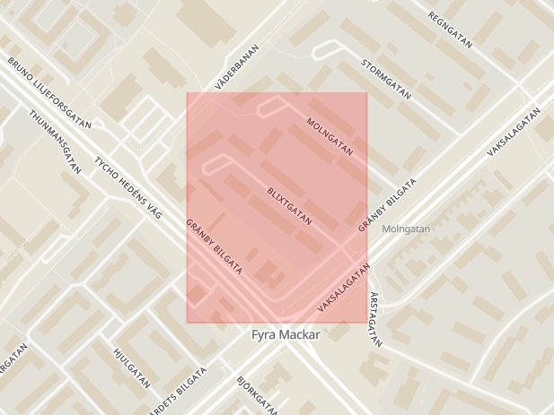 Karta som med röd fyrkant ramar in Kvarngärdet, Blixtgatan, Uppsala, Uppsala län