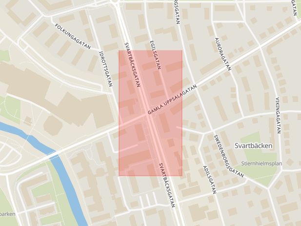 Karta som med röd fyrkant ramar in Gamla Uppsalagatan, Svartbäcksgatan, Uppsala, Uppsala län