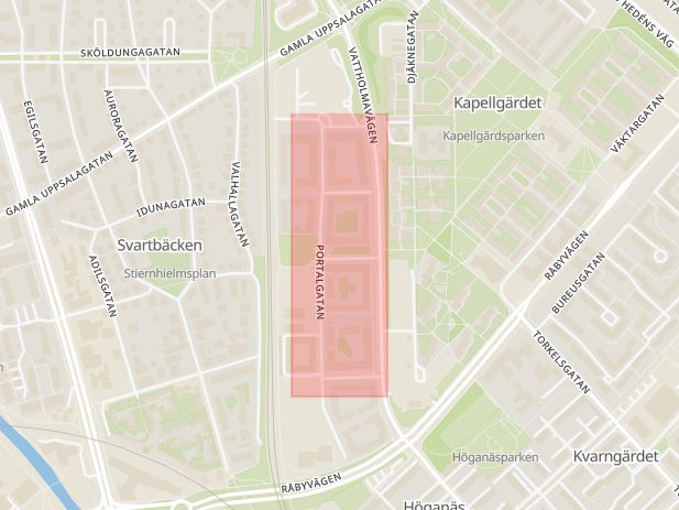 Karta som med röd fyrkant ramar in Kvarngärdet, Portalgatan, Uppsala, Uppsala län