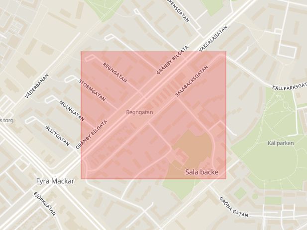 Karta som med röd fyrkant ramar in Salabacksgatan, Uppsala, Uppsala län