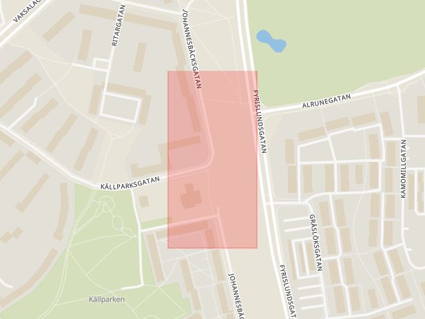 Karta som med röd fyrkant ramar in Johannesbäcksgatan, Källparksgatan, Uppsala, Uppsala län