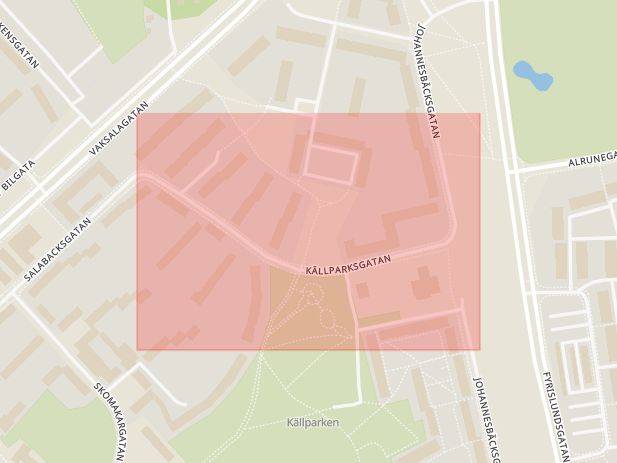 Karta som med röd fyrkant ramar in Källparksgatan, Uppsala, Uppsala län