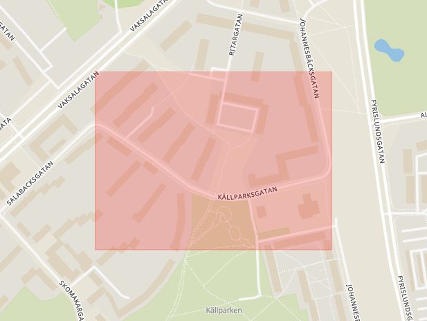 Karta som med röd fyrkant ramar in Källparksgatan, Uppsala, Uppsala län