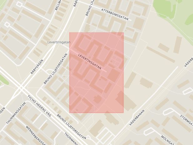 Karta som med röd fyrkant ramar in Levertinsgatan, Uppsala, Uppsala län