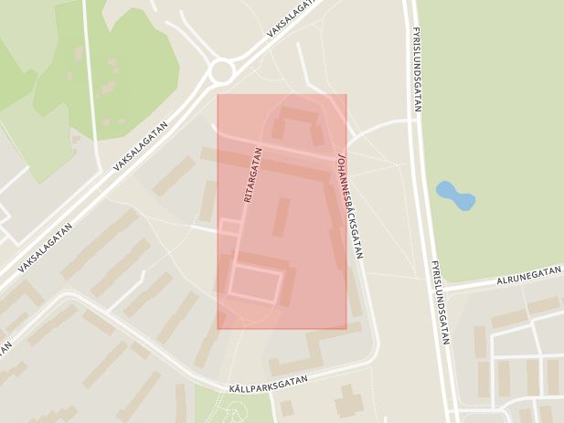 Karta som med röd fyrkant ramar in Ritargatan, Uppsala, Uppsala län