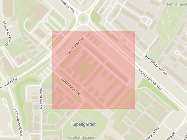 Karta som med röd fyrkant ramar in Kantorsgatan, Uppsala, Uppsala län