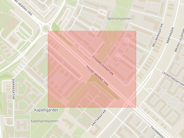 Karta som med röd fyrkant ramar in Tycho Hedéns Väg, Löten, Uppsala, Uppsala län