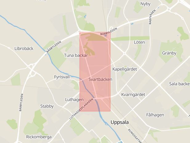 Karta som med röd fyrkant ramar in Svartbäcken, Uppsala, Uppsala län