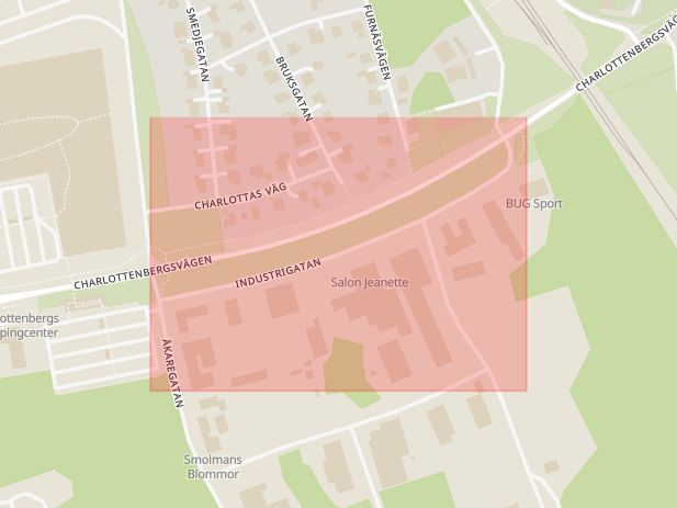 Karta som med röd fyrkant ramar in Industrigatan, Charlottenberg, Eda, Värmlands län