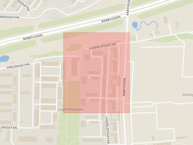 Karta som med röd fyrkant ramar in Lagerlöfsgatan, Uppsala, Uppsala län