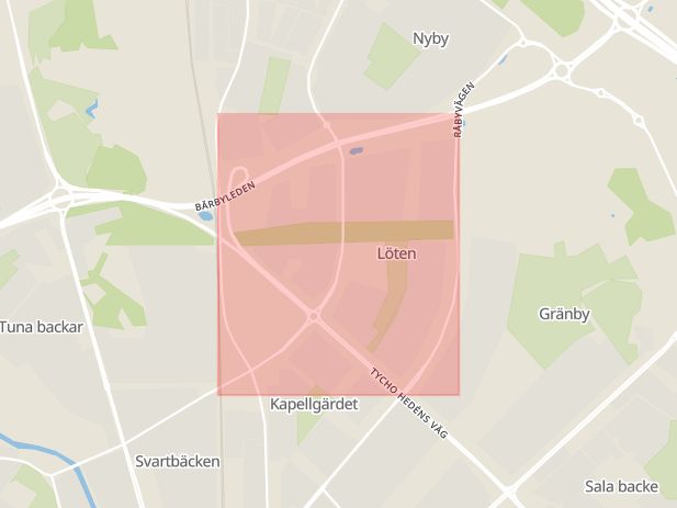 Karta som med röd fyrkant ramar in Västerleden, Löten, Karlskoga, Uppsala län