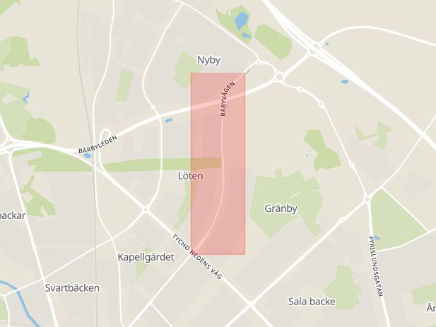 Karta som med röd fyrkant ramar in Råbyvägen, Gränby, Uppsala, Uppsala län