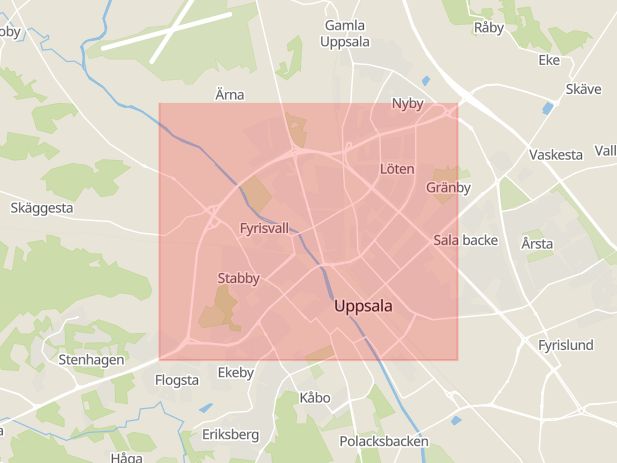 Karta som med röd fyrkant ramar in Bärbyleden, Stenhagen, Uppsala, Uppsala län