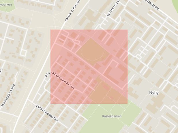 Karta som med röd fyrkant ramar in Topeliusgatan, Uppsala, Uppsala län