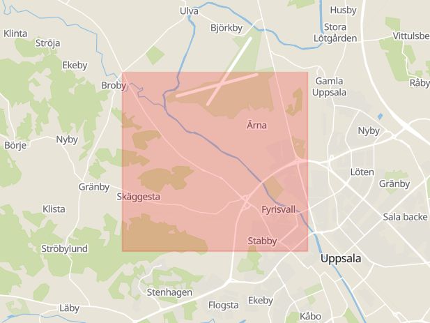 Karta som med röd fyrkant ramar in Åkerby, Börjegatan, Uppsala, Uppsala län