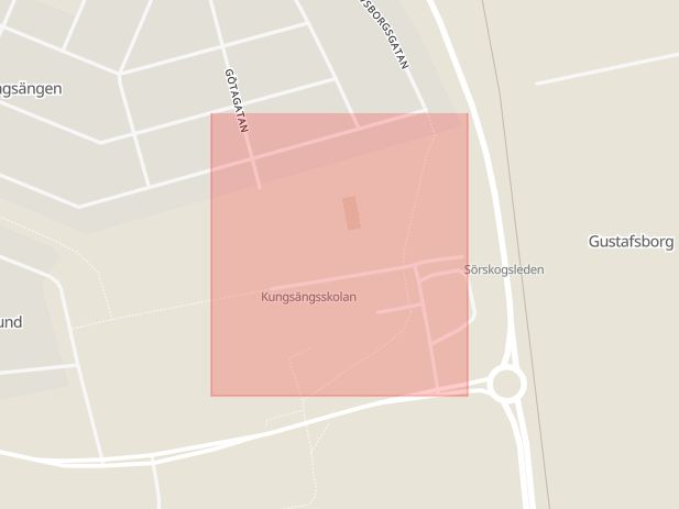 Karta som med röd fyrkant ramar in Gymnasiegatan, Sala, Västmanlands län