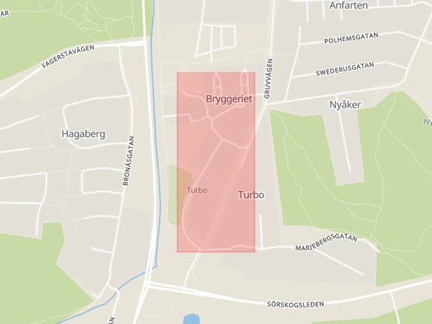 Karta som med röd fyrkant ramar in Bryggerigatan, Sala, Västmanlands län