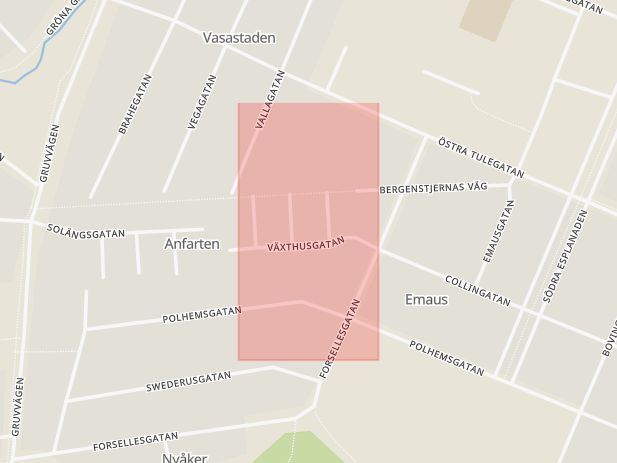 Karta som med röd fyrkant ramar in Växthusgatan, Sala, Västmanlands län