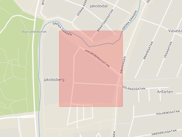 Karta som med röd fyrkant ramar in Jakobsbergsgatan, Sala, Västmanlands län