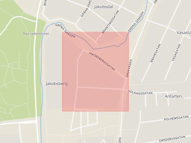 Karta som med röd fyrkant ramar in Jakobsbergsgatan, Sala, Västmanlands län