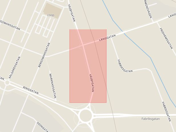 Karta som med röd fyrkant ramar in Väsbygatan, Trädgårdsgatan, Sala, Västmanlands län