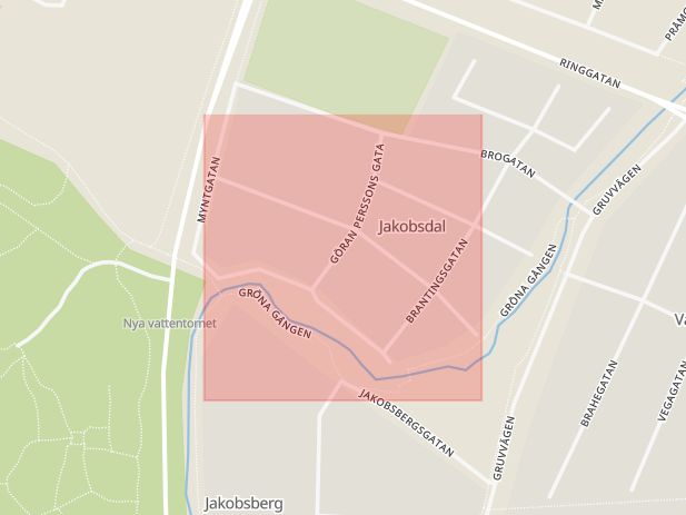 Karta som med röd fyrkant ramar in Jakobsdalsgatan, Sala, Västmanlands län