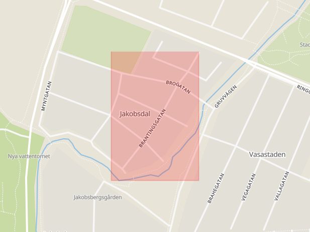 Karta som med röd fyrkant ramar in Brantingsgatan, Sala, Västmanlands län
