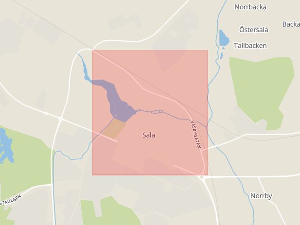 Karta som med röd fyrkant ramar in Väsbygatan, Sala, Västmanlands län