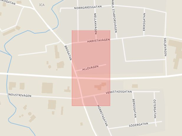 Karta som med röd fyrkant ramar in Allévägen, Eriksgatan, Heby, Uppsala län