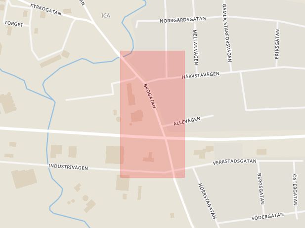 Karta som med röd fyrkant ramar in Värdshus, Brogatan, Heby, Uppsala län