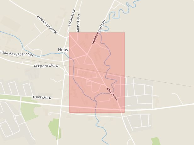 Karta som med röd fyrkant ramar in Brogatan, Heby, Uppsala län