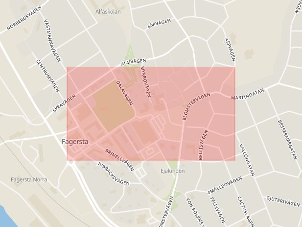 Karta som med röd fyrkant ramar in Stationsvägen, Fagersta, Västmanlands län