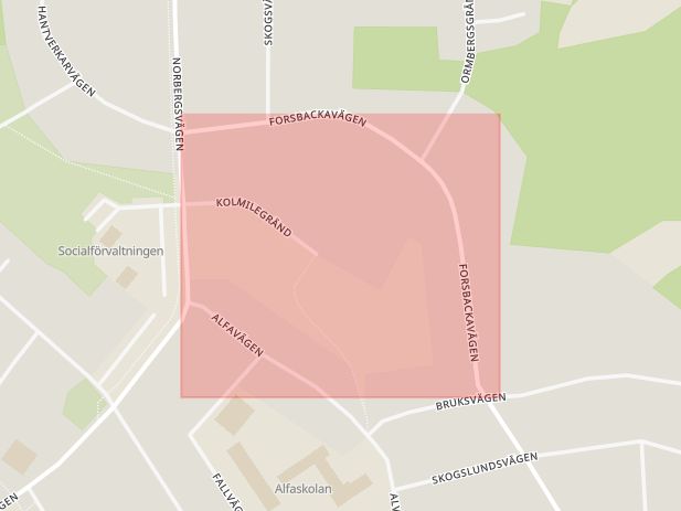 Karta som med röd fyrkant ramar in Forsbackavägen, Fagersta, Västmanlands län