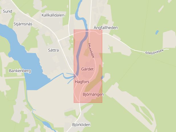 Karta som med röd fyrkant ramar in Dalavägen, Hagfors, Värmlands län