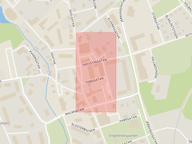 Karta som med röd fyrkant ramar in Myntgatan, Norberg, Västmanlands län