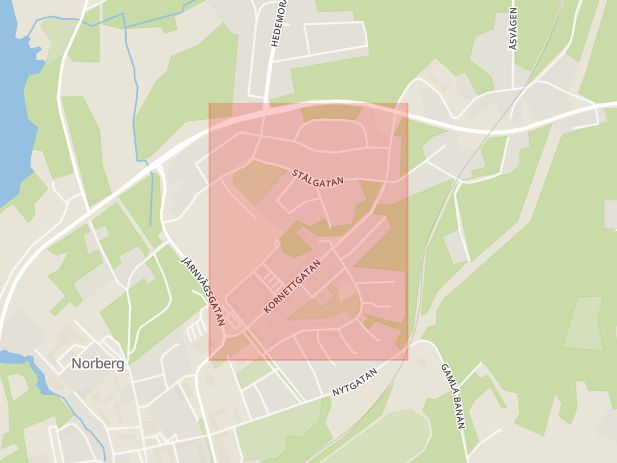 Karta som med röd fyrkant ramar in Kornettgatan, Norberg, Västmanlands län