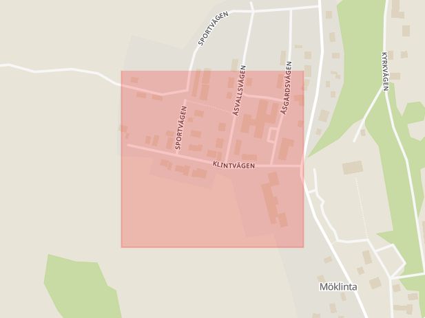 Karta som med röd fyrkant ramar in Möklinta, Broddbo, Klintvägen, Sala, Västmanlands län