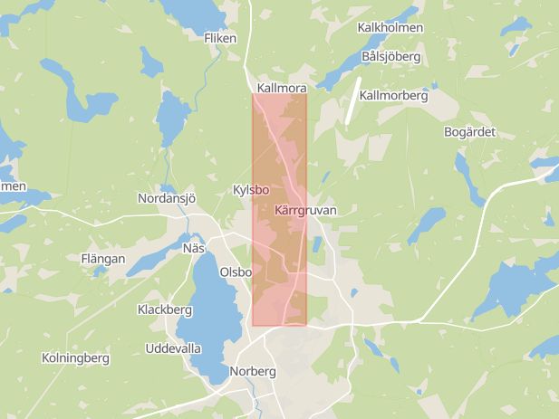Karta som med röd fyrkant ramar in Hedemoravägen, Norberg, Västmanlands län