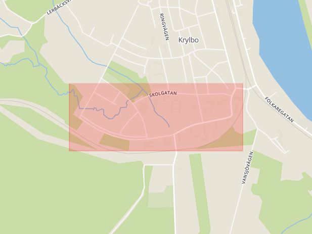 Karta som med röd fyrkant ramar in Fabriksgatan, Krylbo, Avesta, Dalarnas län