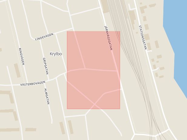 Karta som med röd fyrkant ramar in Mejerigatan, Krylbo, Avesta, Dalarnas län