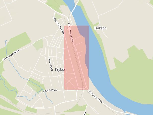 Karta som med röd fyrkant ramar in Stationsgatan, Krylbo, Avesta, Dalarnas län