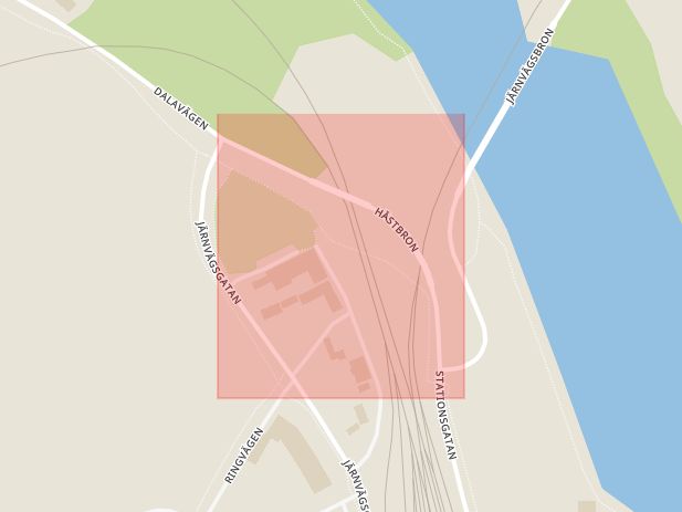 Karta som med röd fyrkant ramar in Hästbron, Krylbo, Avesta, Dalarnas län