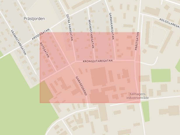 Karta som med röd fyrkant ramar in Krongjutaregatan, Norberg, Avesta, Dalarnas län