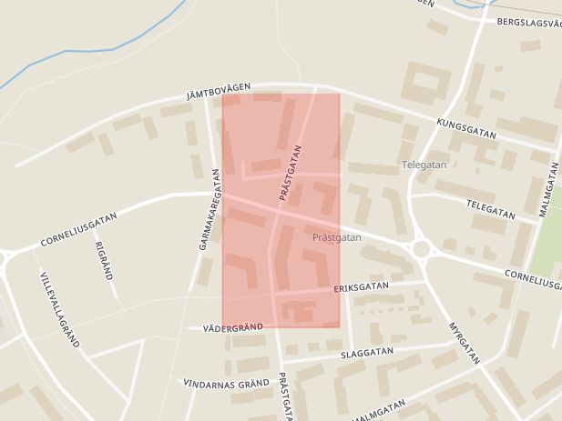 Karta som med röd fyrkant ramar in Corneliusgatan, Prästgatan, Avesta, Dalarnas län
