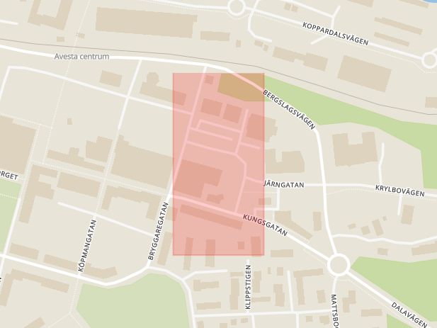 Karta som med röd fyrkant ramar in Myntgatan, Avesta, Dalarnas län