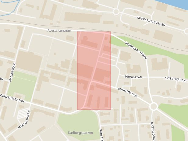 Karta som med röd fyrkant ramar in Bryggaregatan, Avesta, Dalarnas län