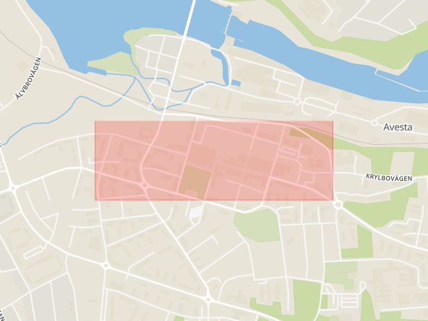 Karta som med röd fyrkant ramar in Kungsgatan, Avesta, Dalarnas län
